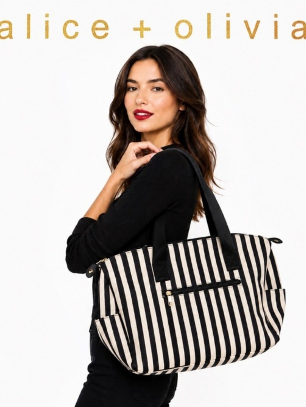 Alice + Olivia Black & White Striped Travel Gym Overnight Bag
